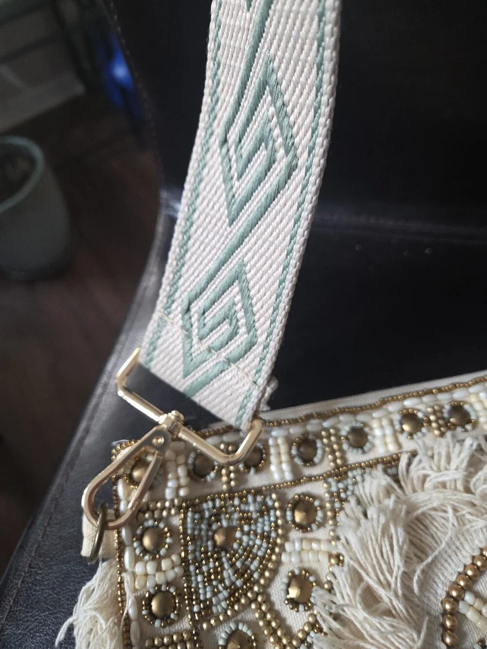 Boho Beaded Fringe Crossbody Bag Cream Gold Pearl - Used